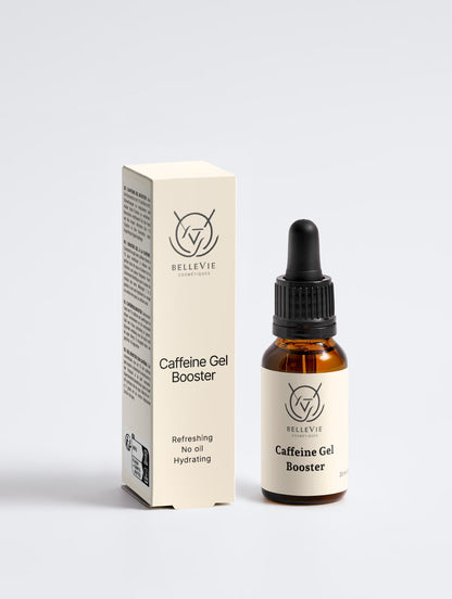 Belleviecosmetic caffeine booster gel in 20ml bottle, designed to de-puff, brighten, and hydrate skin with 1% caffeine concentrate.