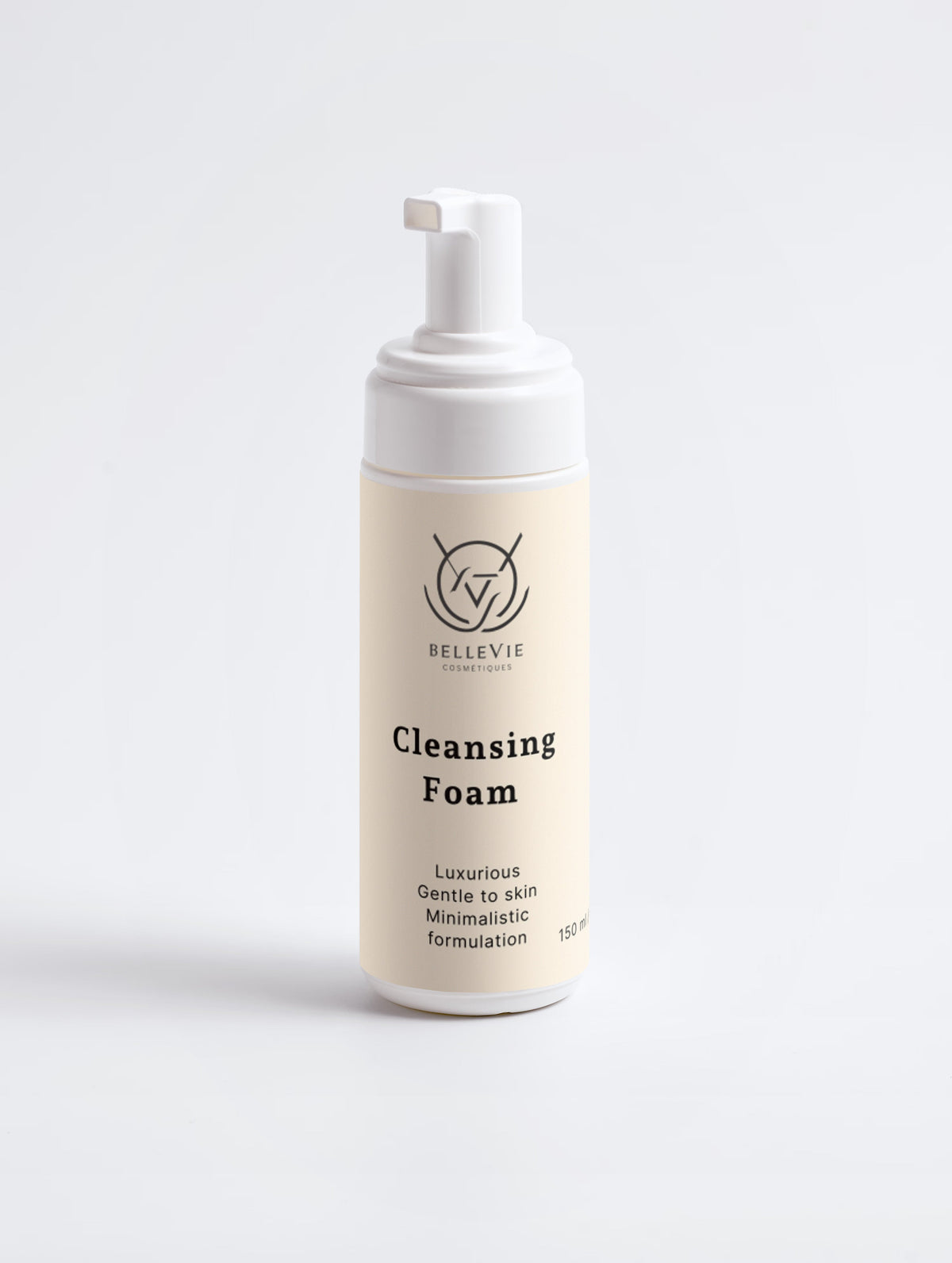 BelleVie Cosmétiques cleansing foam in a 150ml bottle, gentle makeup-removing cleanser for fresh, supple skin.
