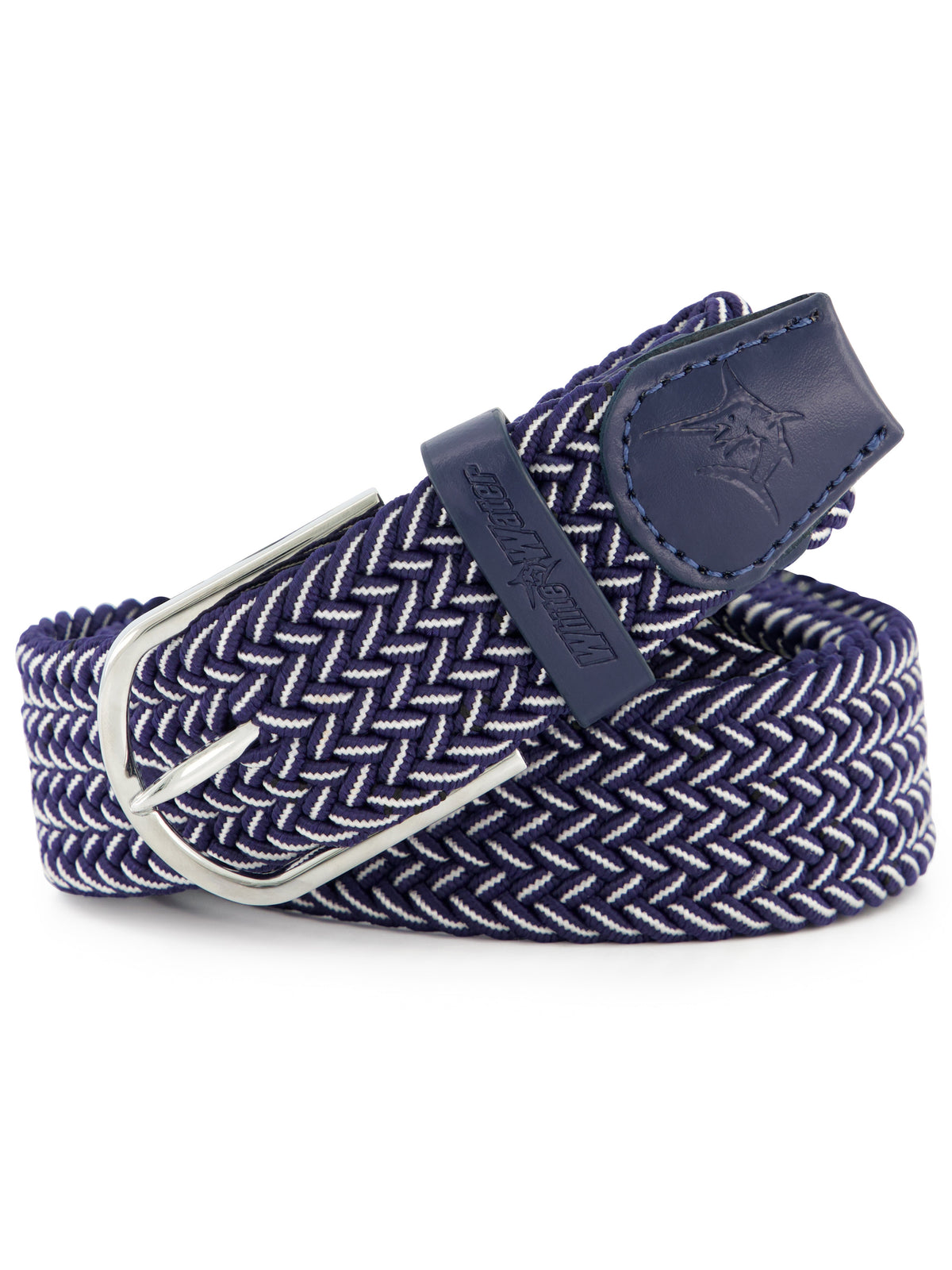 Navy Waterline braided belt by White Water Life, featuring woven design and adjustable buckle on a plain background.