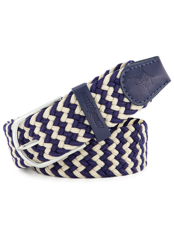 Navy and white braided Waterline belt from White Water Life, featuring a casual, woven design for versatile style.