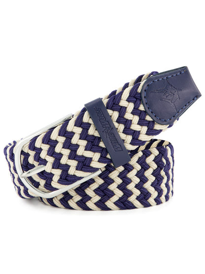 Navy and white braided Waterline belt from White Water Life, featuring a casual, woven design for versatile style.