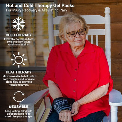 iReliev premium reusable hot and cold therapy gel pack with secure straps, showing flexible design for pain relief.