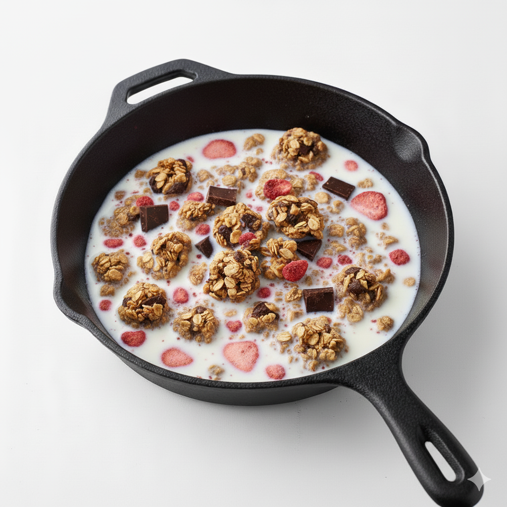 Bowl of FOUNDATION Outdoors Berry Dark Chocolate Granola with fresh berries and chocolate chunks, served on a white plate.