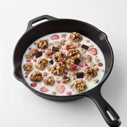 Bowl of FOUNDATION Outdoors Berry Dark Chocolate Granola with fresh berries and chocolate chunks, served on a white plate.
