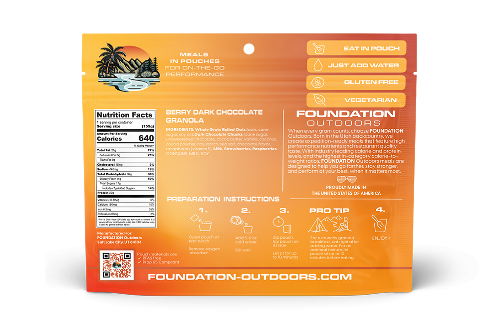 Back of FOUNDATION Outdoors Berry Dark Chocolate Granola pouch showing nutritional info and product branding.