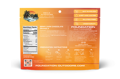 Back of FOUNDATION Outdoors Berry Dark Chocolate Granola pouch showing nutritional info and product branding.