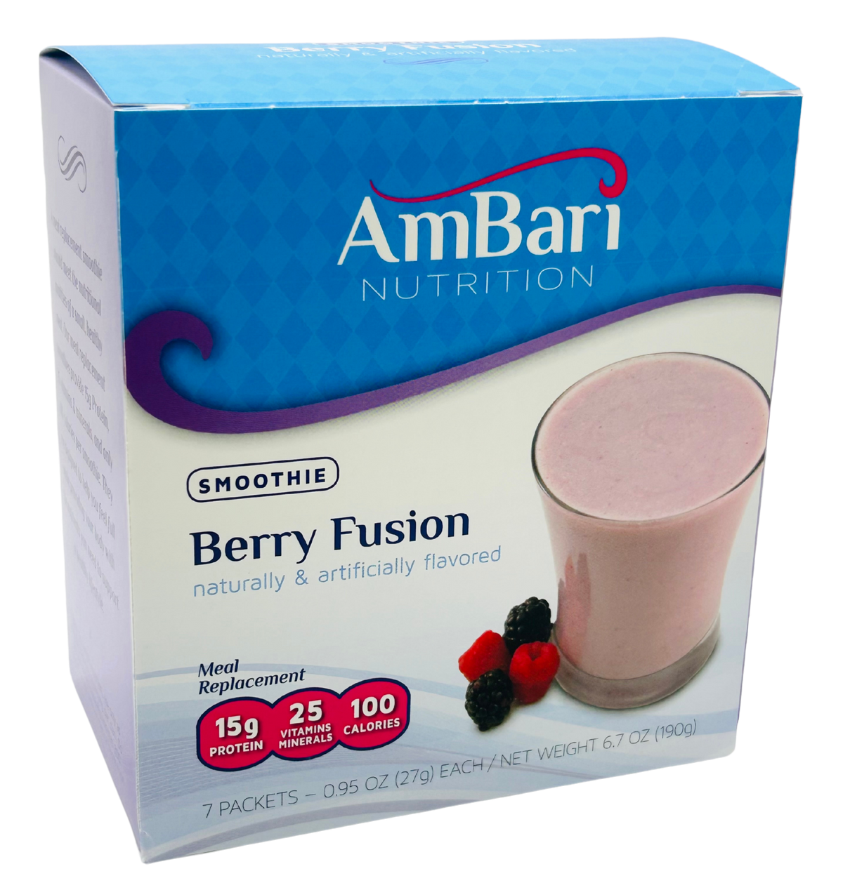 AmBari Nutrition Berry Fusion smoothie shake in a glass with fresh berries and a straw, highlighting vibrant berry colors.