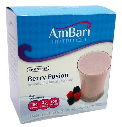 AmBari Nutrition Berry Fusion smoothie shake in a glass with fresh berries and a straw, highlighting vibrant berry colors.