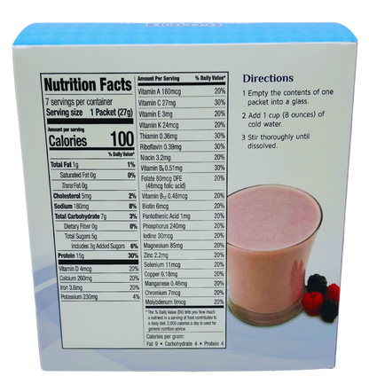 AmBari Nutrition Berry Fusion smoothie shake in a clear glass with fresh berries and a straw, showcasing vibrant berry flavors.