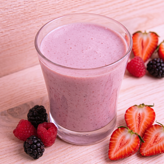 AmBari Nutrition Berry Fusion smoothie shake with mixed berries and creamy texture in a clear glass.