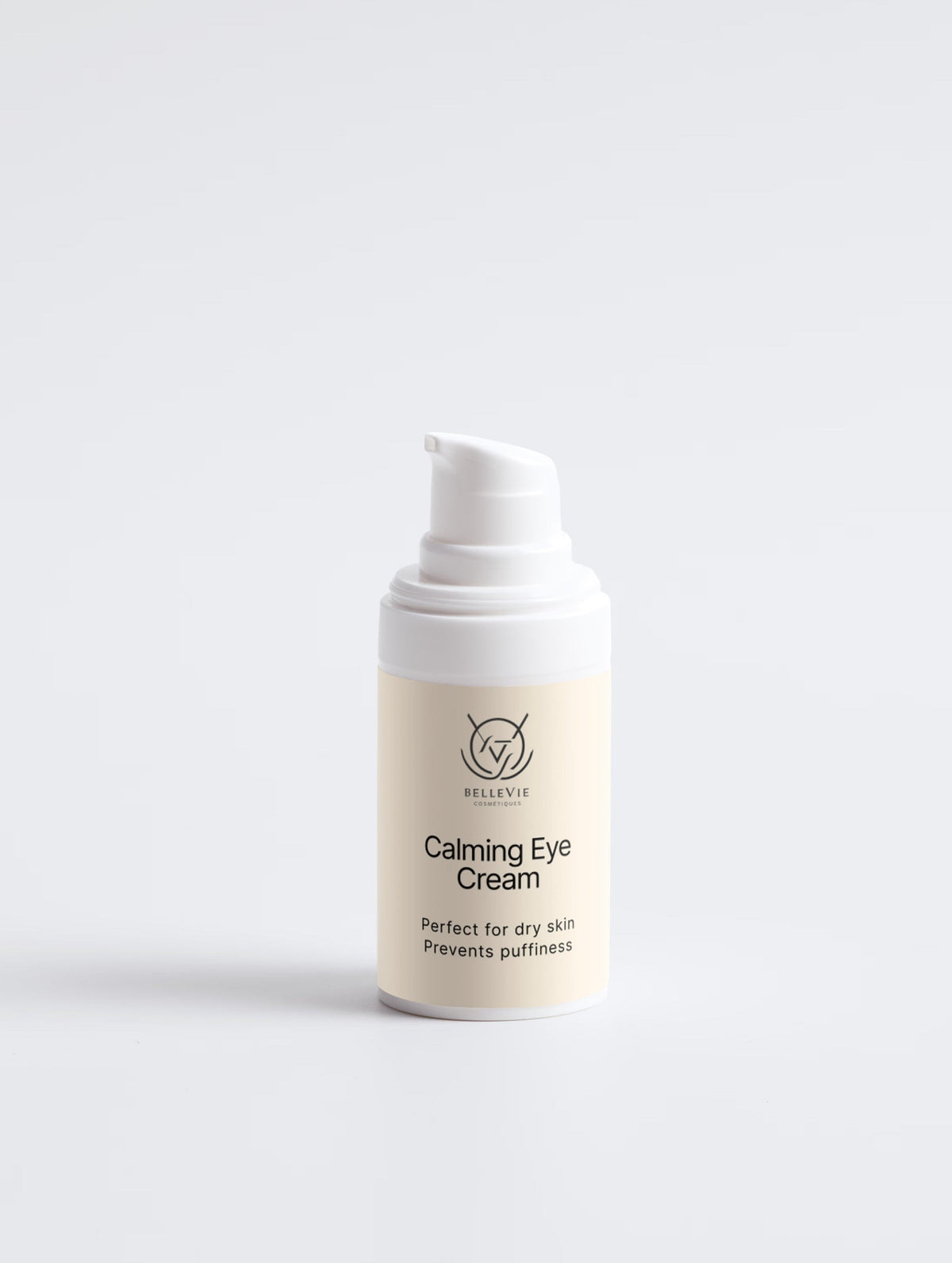 BelleVie Calming Eye Cream with hemp extract and vitamin C in 15ml jar, showing the cream's smooth texture for puffiness and dark circles