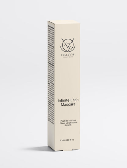 BelleVie Cosmétiques Infinite Lash Mascara with natural mineral pigments and pea peptides, vegan and ideal for sensitive eyes.