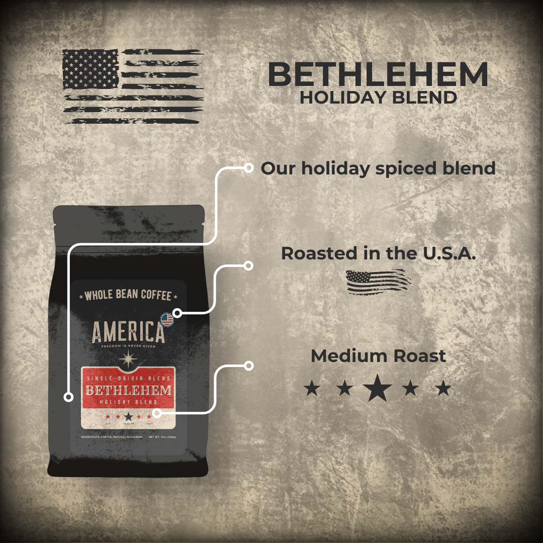 Bag of Bethlehem Holiday Blend coffee by America Supply Company LLC showing the product packaging with festive holiday design.
