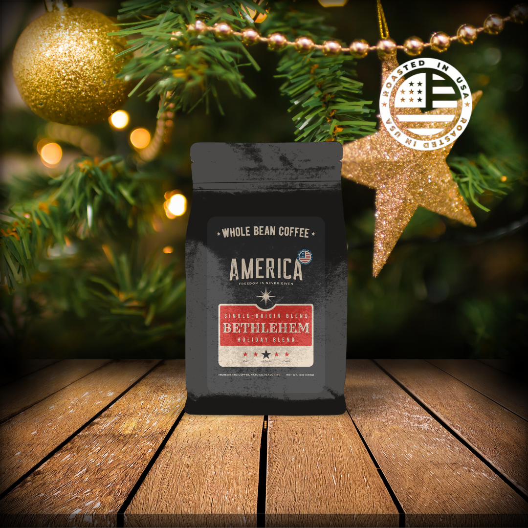 Bethlehem Holiday Blend coffee bag from America Supply Company LLC with festive holiday-themed packaging.