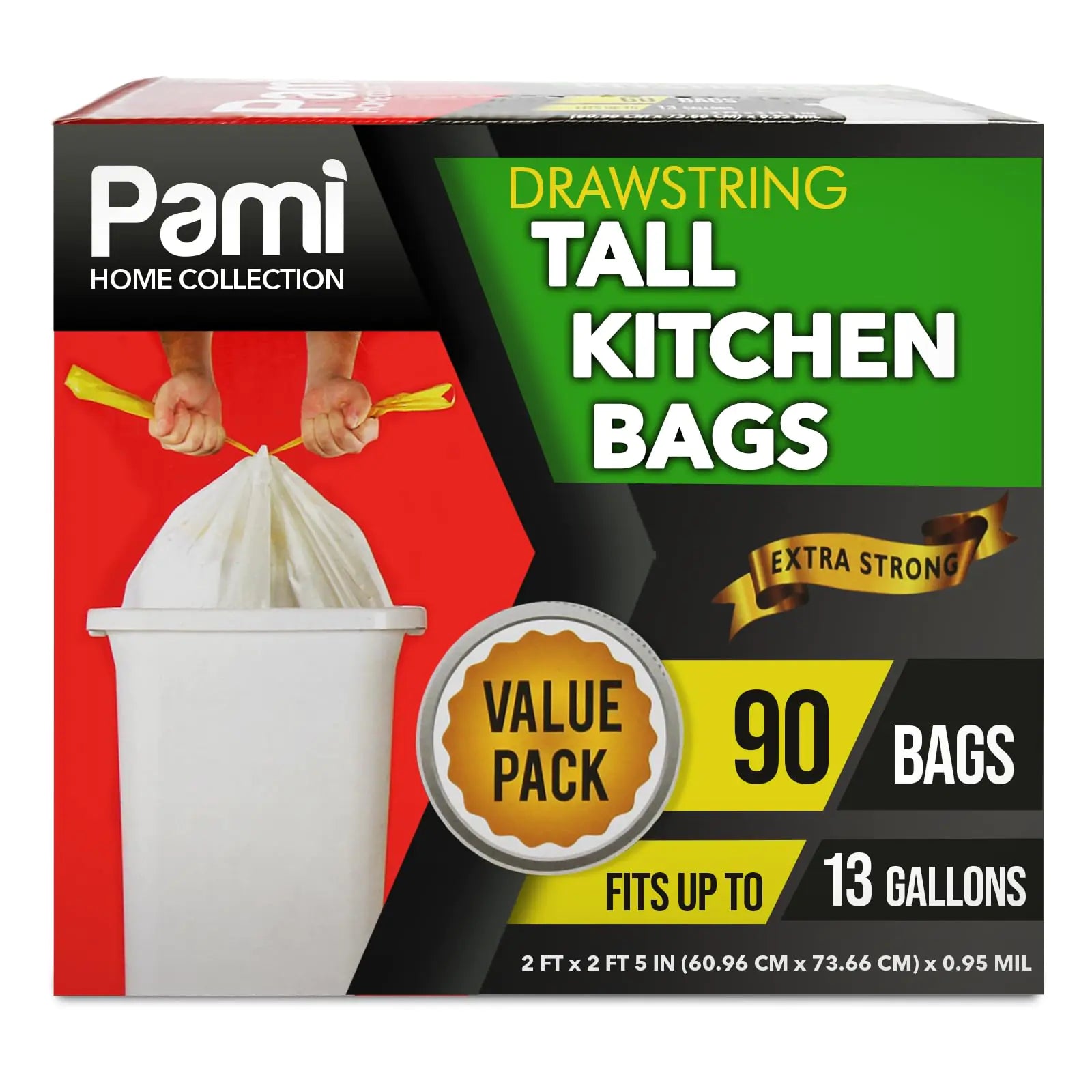 PAMI Tall 13-Gallon Kitchen Drawstring Trash Bags [90-Pack White] - Extra-Strong Plastic Garbage Bags- Thick Trash Can Liners For Kitchen Bathroom & Outdoor Bins- 2ft x2ft Unscented Trash Bags