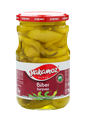Glass jar of S101 Yakamoz Mild Pepper Pickle with whole peppers, showcasing the colorful, spicy peppers inside.