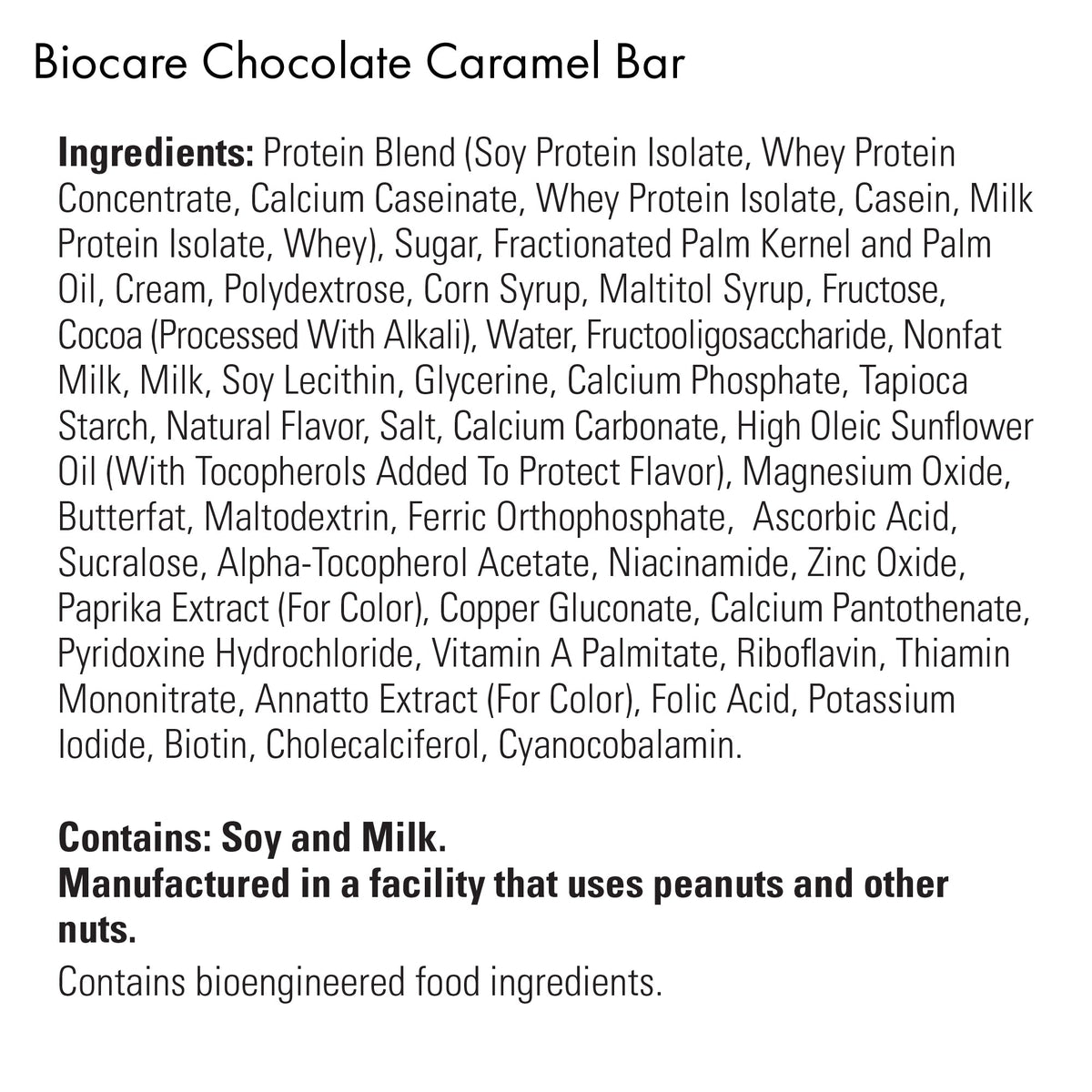 Biocare high protein chocolate caramel bar showing ingredients and nutritional information on the packaging.