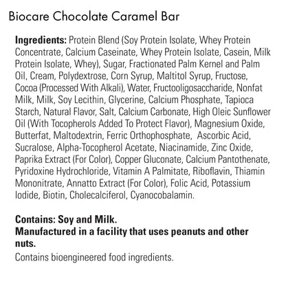 Biocare high protein chocolate caramel bar showing ingredients and nutritional information on the packaging.