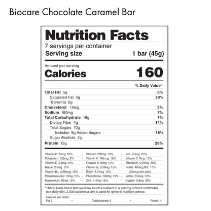 Biocare high protein chocolate caramel bar with nutrition facts label showing the snack's ingredients and nutritional information.