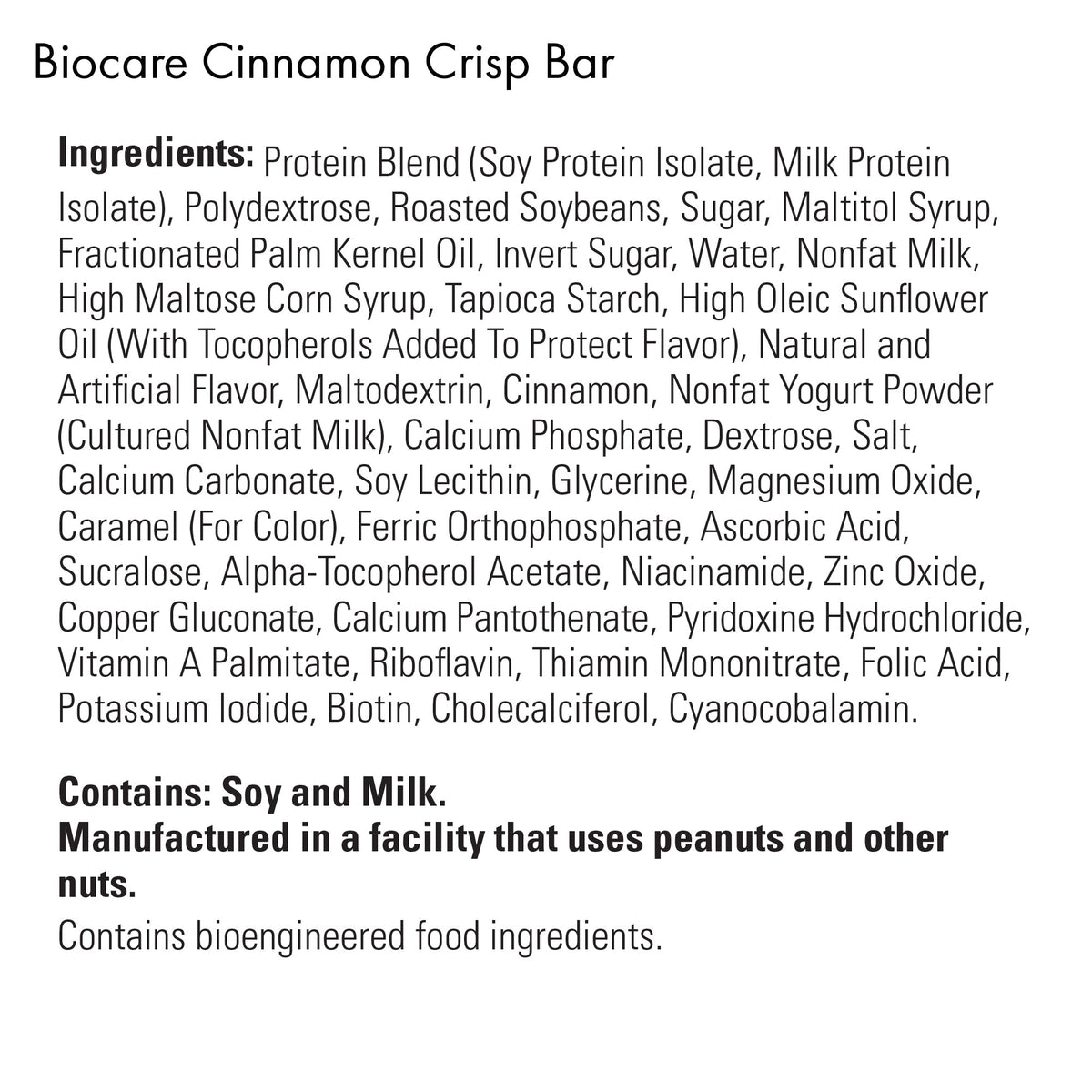 Biocare high protein cinnamon crisp bar with visible ingredients and crunchy texture, ideal for a nutritious snack.
