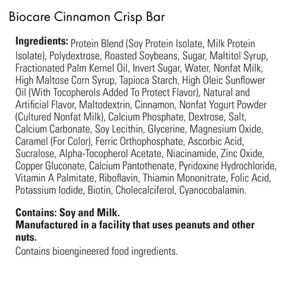 Biocare high protein cinnamon crisp bar with visible ingredients and crunchy texture, ideal for a nutritious snack.