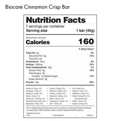 Biocare High Protein Cinnamon Crisp Bar with visible nutrition facts and crunchy cinnamon-coated texture.