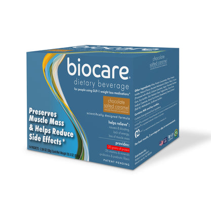 Biocare 30g protein chocolate salted caramel dietary beverage container with 14 servings, showing the product packaging and label.