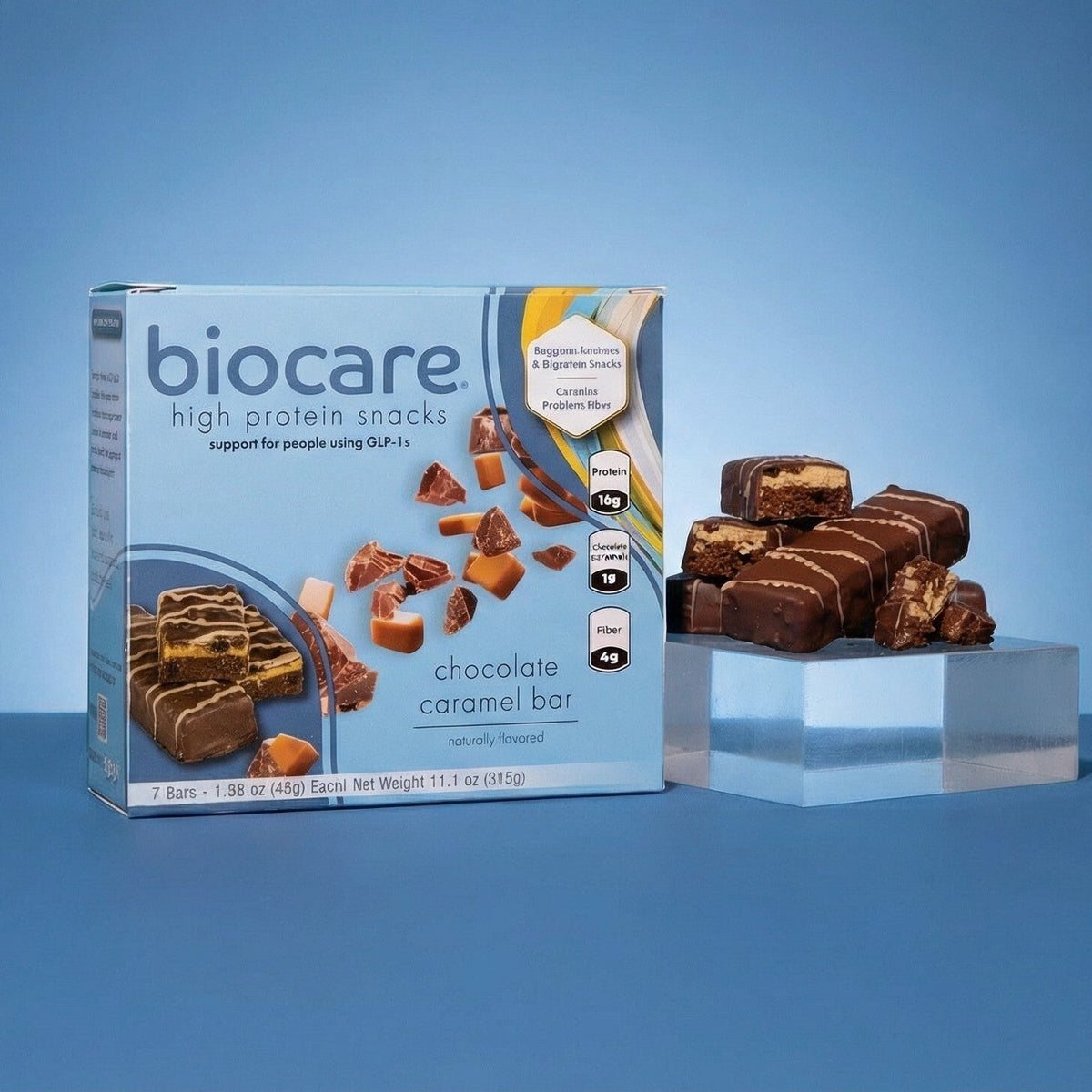 Biocare high protein chocolate caramel bar showing a close-up of the bar with chocolate and caramel layers.