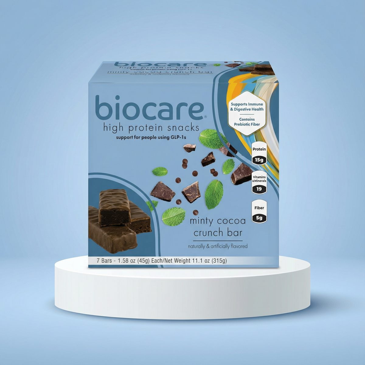 Biocare 15G Protein Minty Cocoa Crunch Bar showing the chocolate and mint-flavored protein bar with crunchy texture.
