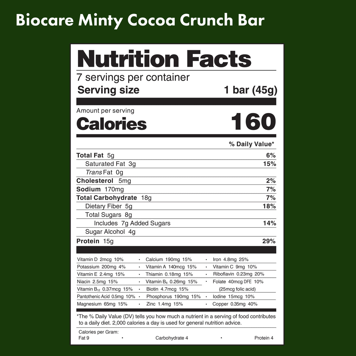 Minty cocoa crunch protein bar by Biocare, showing a chocolate-coated bar with mint flavor and crunchy texture in a sleek wrapper.
