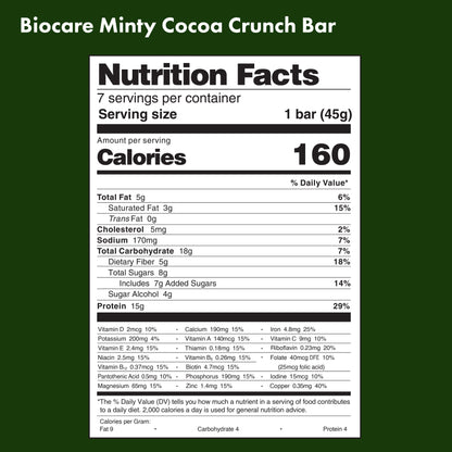 Minty cocoa crunch protein bar by Biocare, showing a chocolate-coated bar with mint flavor and crunchy texture in a sleek wrapper.