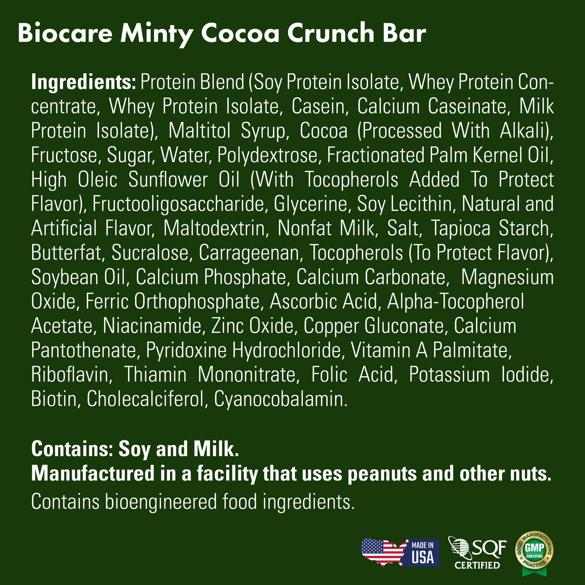 Minty Cocoa Crunch Protein Bar by Biocare, showing a 15G protein mint-flavored snack with crunchy texture and chocolate coating.