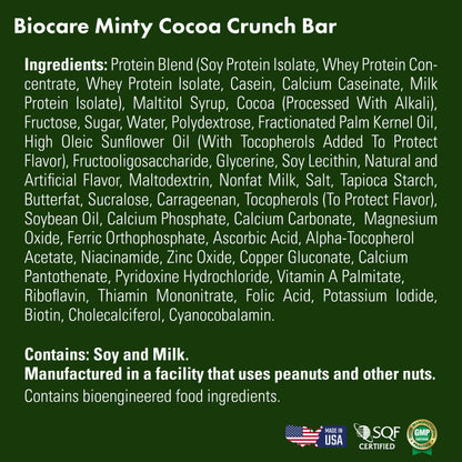 Minty Cocoa Crunch Protein Bar by Biocare, showing a 15G protein mint-flavored snack with crunchy texture and chocolate coating.