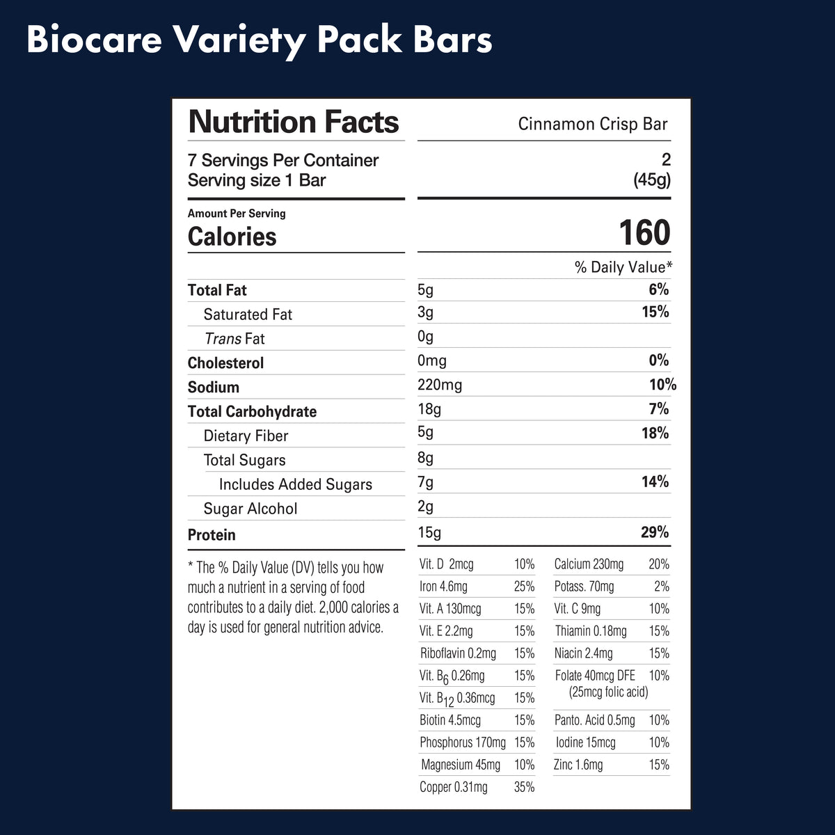 Assorted Biocare 15G Protein Bars Variety Pack featuring seven different flavors displayed in a box.