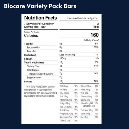 Assorted Biocare 15G protein bars variety pack with seven different flavors, displayed in a neat arrangement.