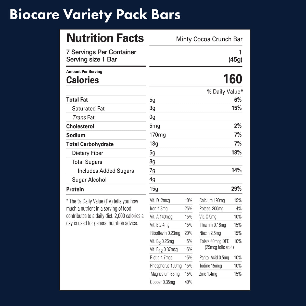 Assorted Biocare 15G Protein Bars Variety Pack with seven different flavors, arranged in a box on a white background.