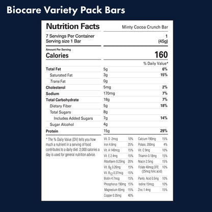Assorted Biocare 15G Protein Bars Variety Pack with seven different flavors, arranged in a box on a white background.