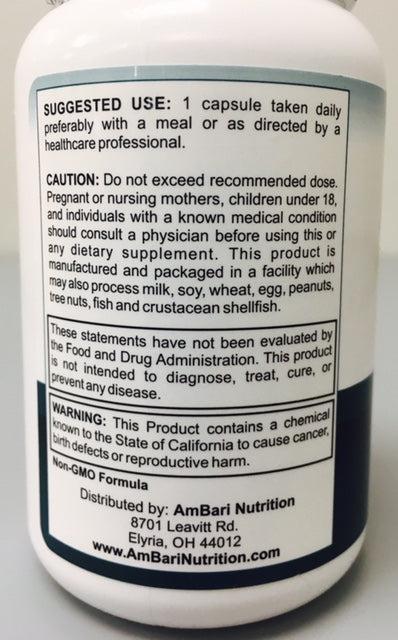 Close-up of AmBari Biotin 10mg supplement bottle with nutritional facts label showing biotin content and supplement details.
