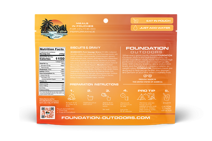 Foundation Outdoors biscuits and gravy meal pouch showing the back of the packaging with nutritional info and product details.