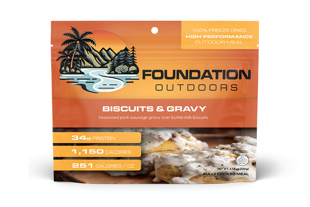 Foundation Outdoors biscuits and gravy meal pouch showing golden biscuits topped with creamy gravy, ready to enjoy.