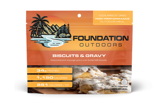 Foundation Outdoors biscuits and gravy meal pouch showing golden biscuits topped with creamy gravy, ready to enjoy.