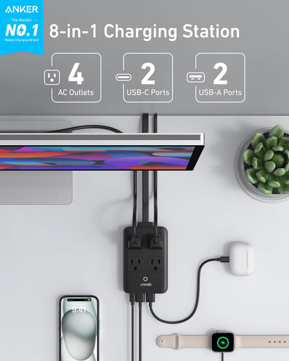 Anker 8-in-1 charging station in black with multiple ports including 20W power output for smartphones and devices.