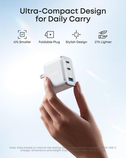Black Anker Nano 70W USB-C charger with three ports, compact design, and sleek finish for fast device charging.