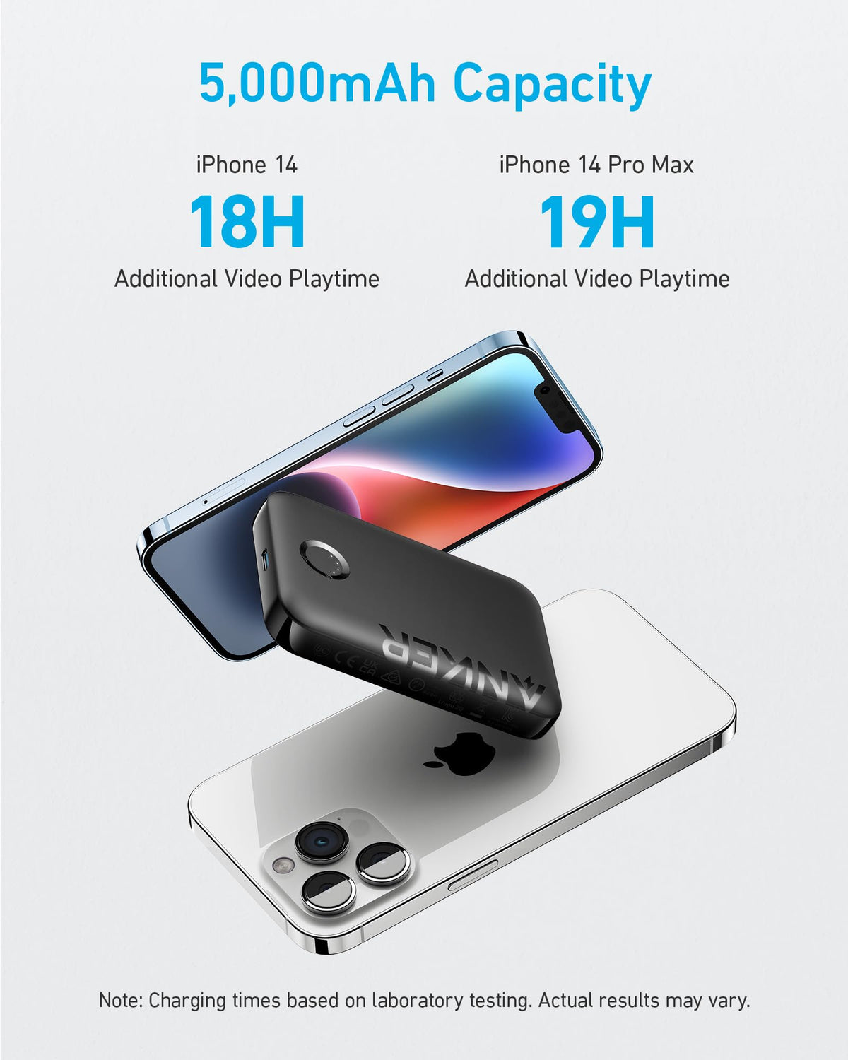 Black Anker 321 MagGo Battery PowerCore Magnetic 5K portable charging device with magnetic attachment for smartphones.