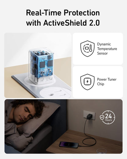 Anker 523 Nano 3 47W charger in black, compact USB-C power adapter with foldable prongs on a white background.