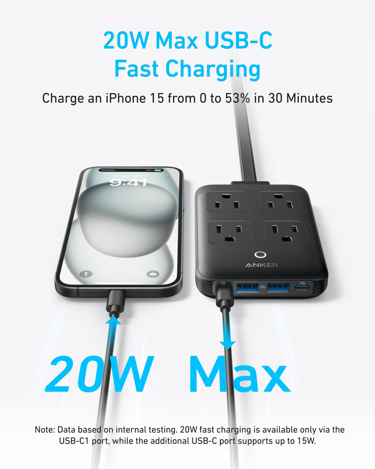 Black Anker 8-in-1 20W charging station with multiple ports and sleek design, ideal for charging several devices simultaneously.