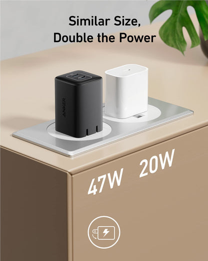 Anker 523 Nano 3 47W USB-C charger in black with compact design and folding prongs for fast charging.