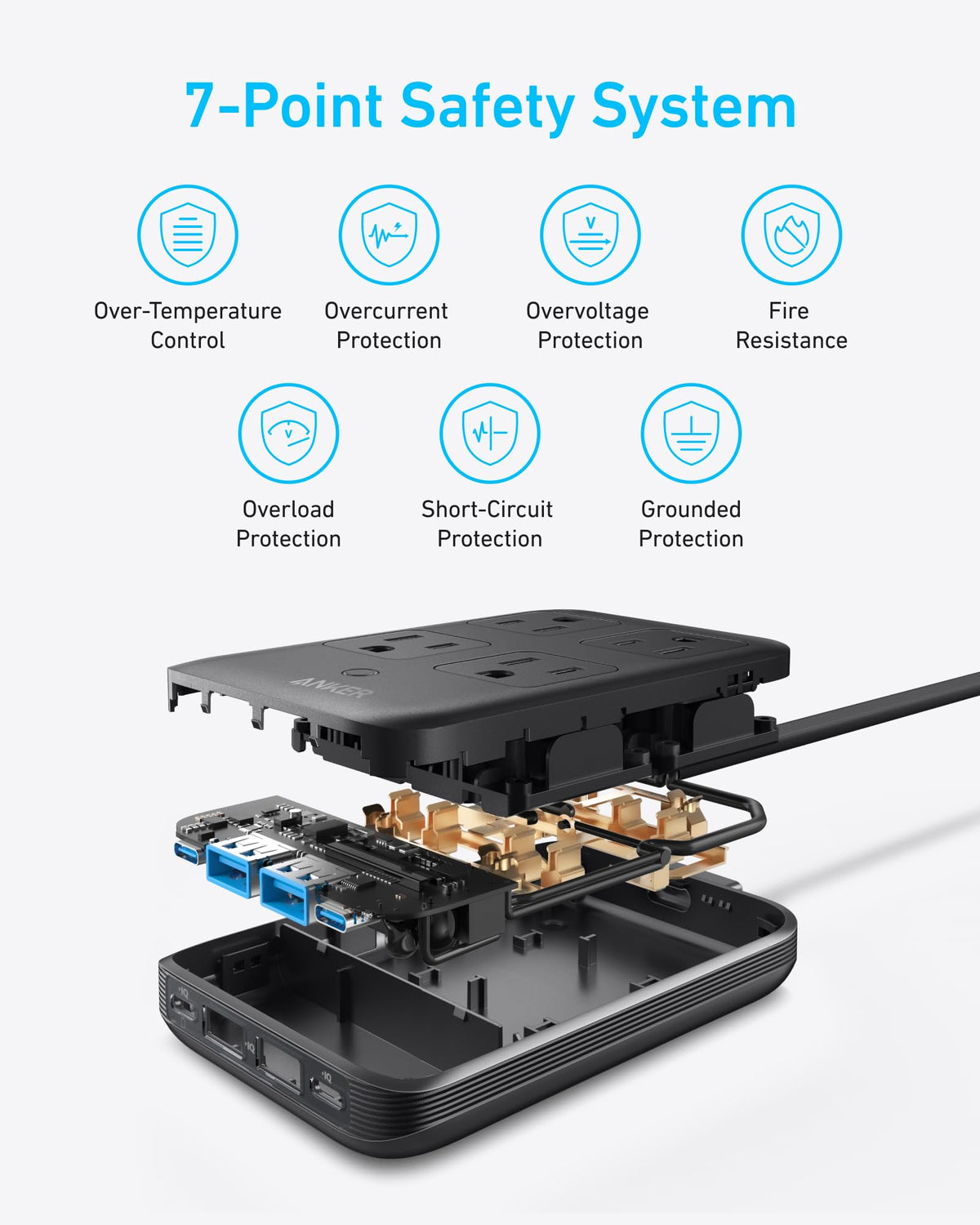 Black Anker 8-in-1 charging station with multiple ports and 20W power output, designed for charging various devices efficiently.