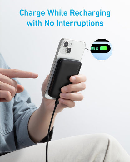 Black Anker MagGo Battery PowerCore Magnetic 5K portable charger for magnetic charging devices.
