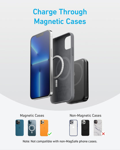 Black Anker 321 MagGo Battery PowerCore Magnetic 5K for portable charging, shown attached to a compatible device.